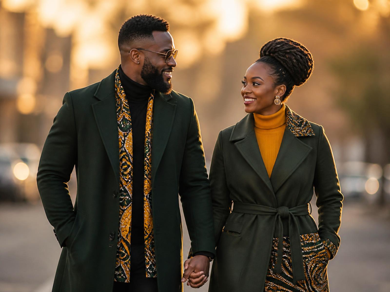 Couple africain élégant se tenant la main au coucher du soleil